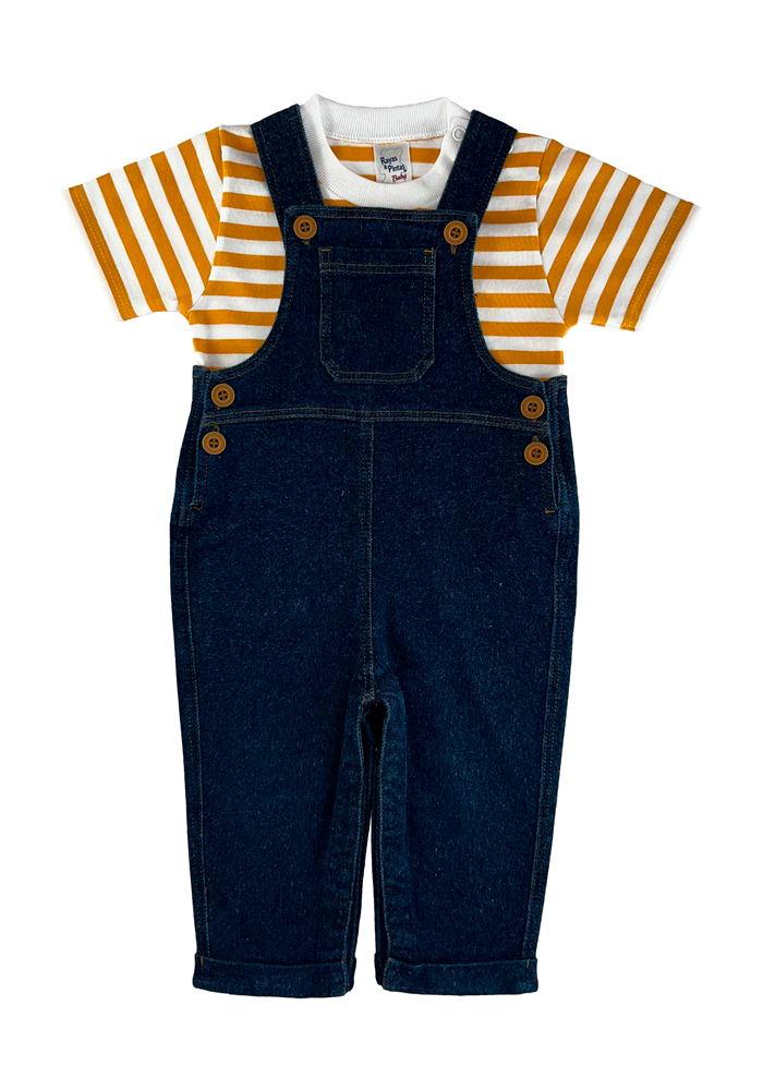 Overol jean con camiseta rayas amarillas