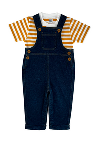 Overol jean con camiseta rayas amarillas