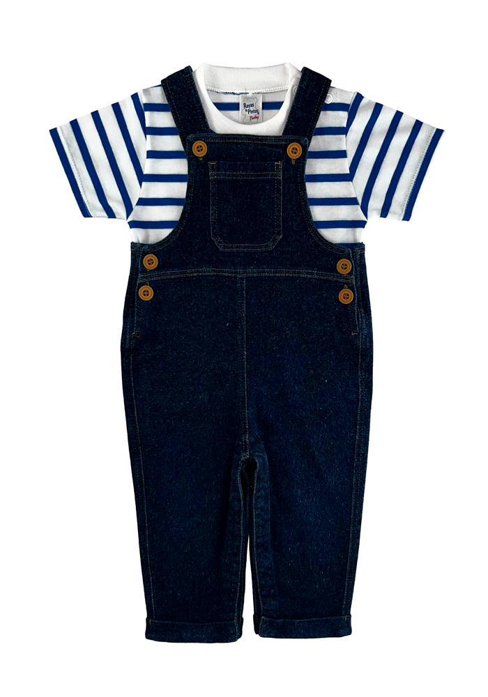 Overol jean con camiseta rayas azules