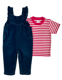 Overol de jean camiseta rayas fucsias